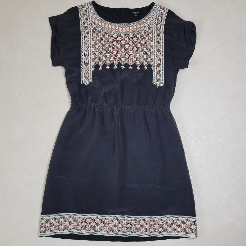 Madewell Black Womens Short Sleeve Floral Cinched Waist Layered Dress Silk Sz 4